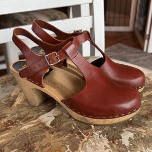 Swedish Hasbeens Red Leather Mules